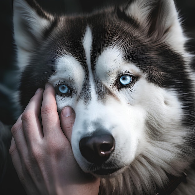 a person is holding a dog with blue eyes