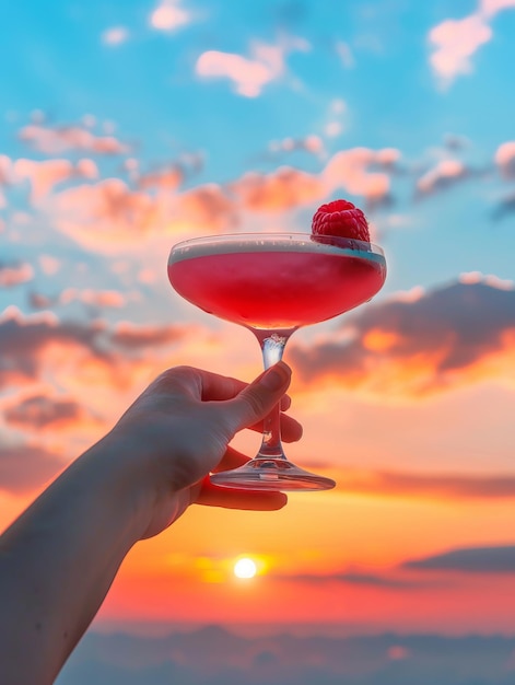 Photo a person is holding a glass of pink drink with a raspberry on top