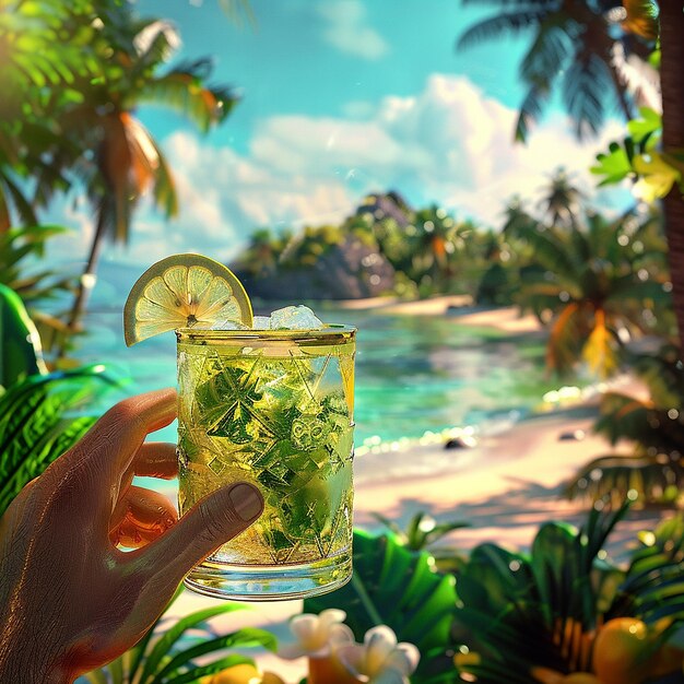 Photo a person is holding a glass with a lemon wedge and a tropical beach in the background