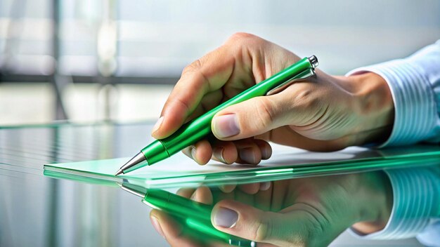 Photo a person is holding a green pen and writing on a tablet