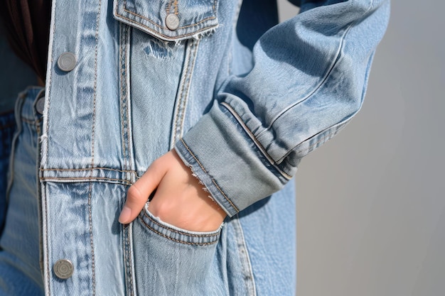 Photo person is holding hand in denim jackets pocket person is holding hand in denim jackets pocket