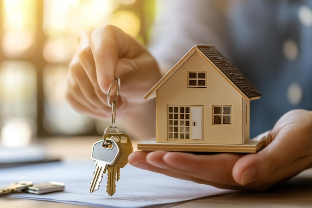 a person is holding a house with a house in the background