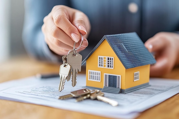 a person is holding a house with keys on it and a house on the table