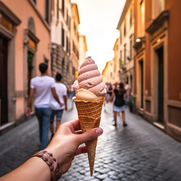 a person is holding an ice cream cone in the street