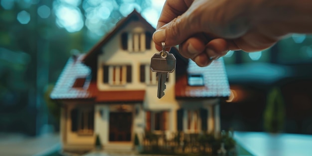 A person is holding a key in front of a house