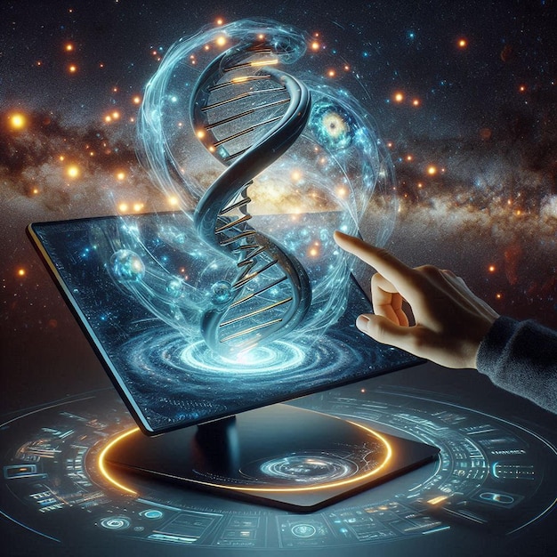 a person is holding a laptop with a finger pointing at a screen with the word dna on it