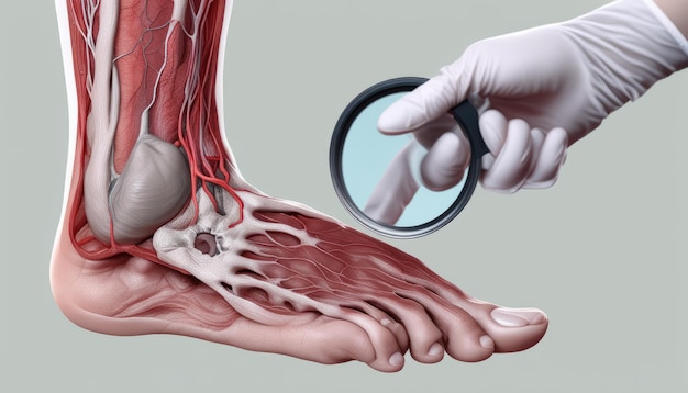 A person is holding a magnifying glass over a foot with a vein