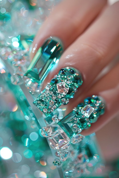 a person is holding a manicure with a green diamond on the finger