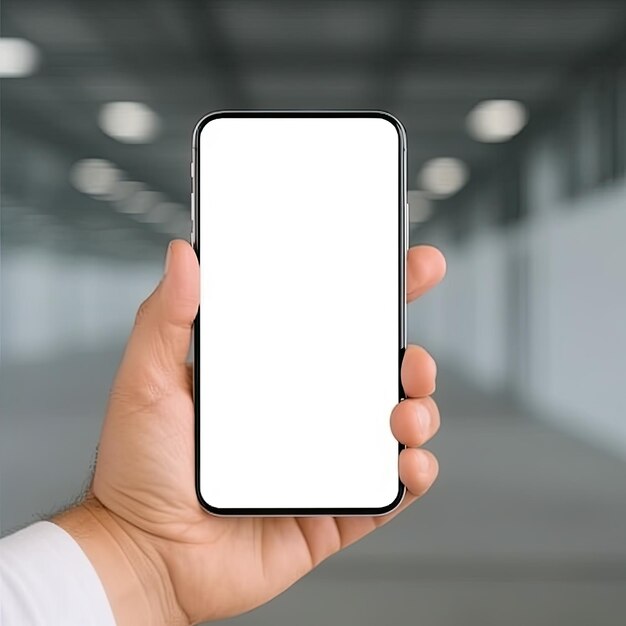 A person is holding a mobile phone with a plain white screen for mockup business and communication