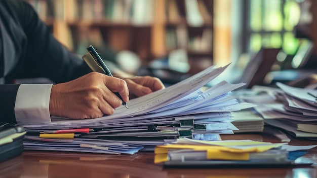 Photo a person is holding a pen and a stack of papers with a pen on it