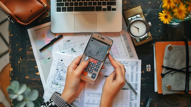 Photo a person is holding a phone and a watch on the table