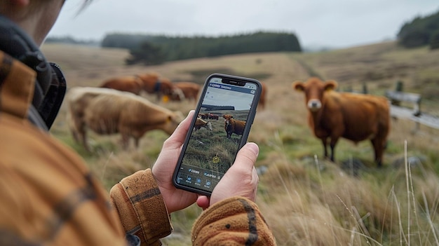 a person is holding a phone with a picture of cows in the background