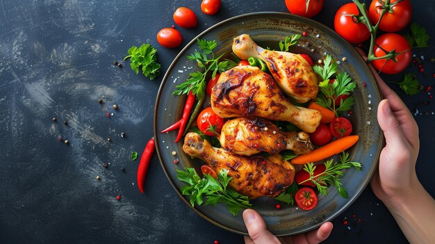 Photo a person is holding a plate of chicken and vegetables