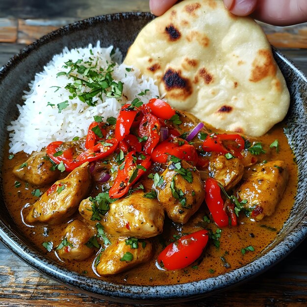 Photo a person is holding a plate of food with rice and vegetables