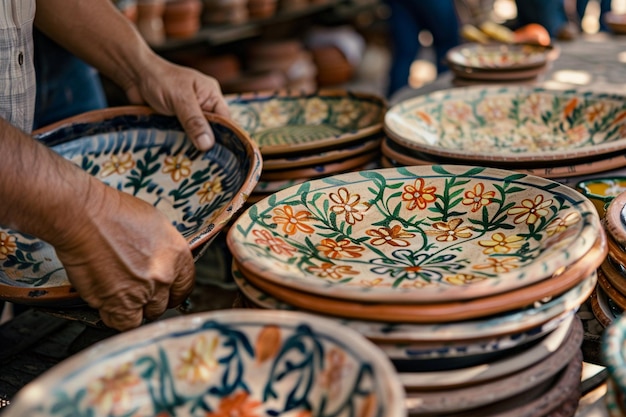 a person is holding a plate that has flowers on it