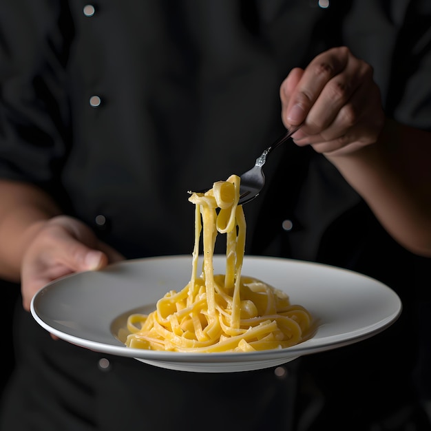 Photo a person is holding a plate with a fork and a plate of pasta