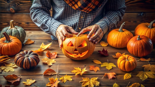 a person is holding a pumpkin that has a pumpkin face on it