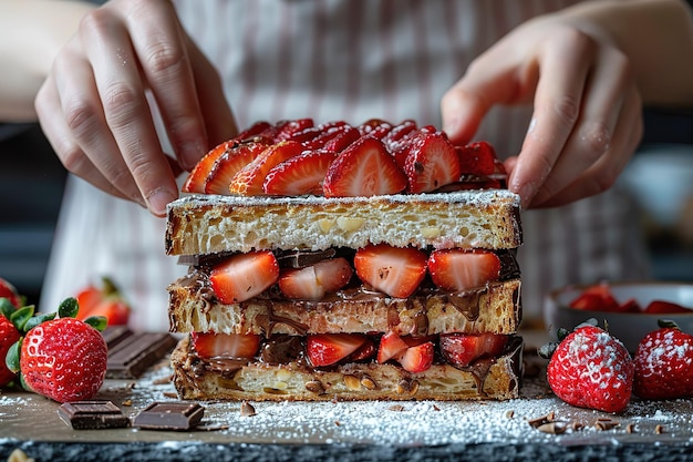 Photo a person is holding a sandwich with strawberries and chocolate on top