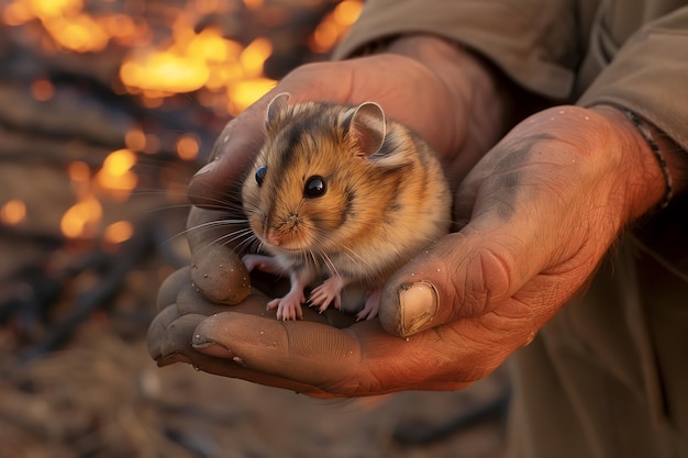 A person is holding a small rodent in their hand