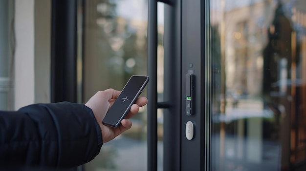 Photo person is holding a smartphone unlocking a smart lock system of an apartment door wi generative ai