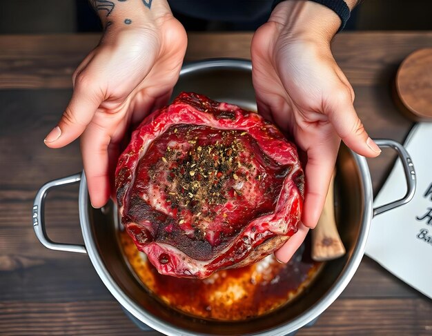 Photo a person is holding a steak in their hands and the meat is being cooked