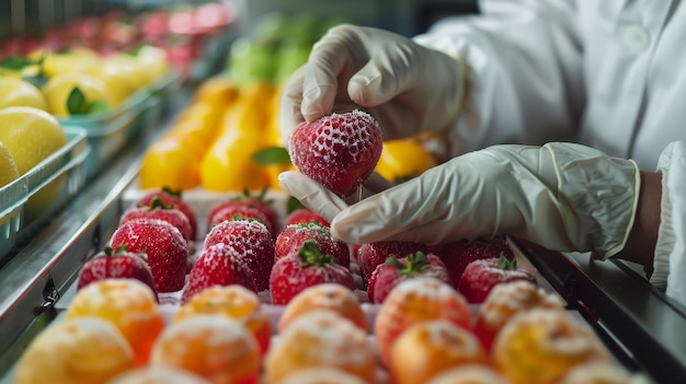 Photo a person is holding a strawberry in a white glove