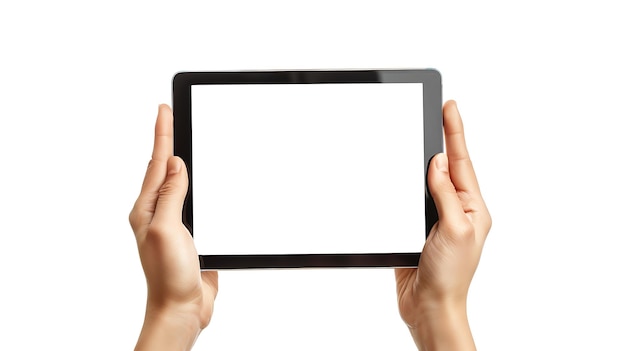 A person is holding a tablet in both hands with a white screen isolated on white background