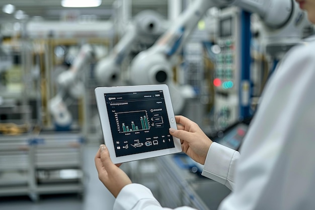 Photo a person is holding a tablet in front of a arm robot