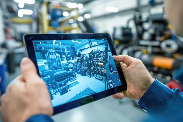 Photo a person is holding a tablet and looking at a picture of a factory