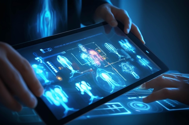 A person is holding a tablet with a futuristic user interface