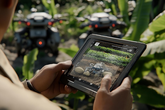 Photo a person is holding a tablet with the screen showing a game of rocks