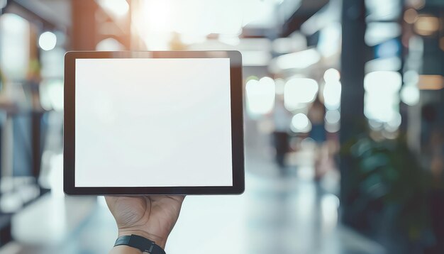 Photo a person is holding a tablet with a white screen in a room with a potted plant