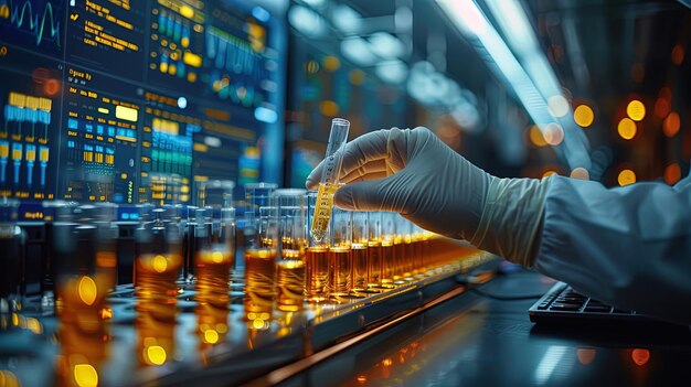 A person is holding a test tube in a lab with a computer monitor behind them