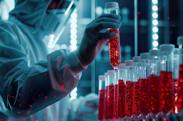 A person is holding three test tubes with red liquid in them generative ai image