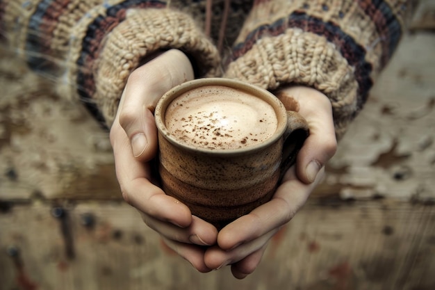 Photo a person is holding a warm cup of coffee in their hands a warm cup of coffee or hot chocolate held in cold hands