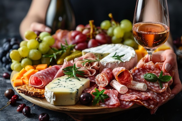 A person is holding a wooden tray with a variety of food items including cheese and wine