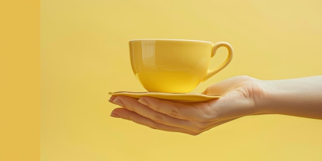 A person is holding a yellow cup with a saucer Concept of warmth and comfort as the cup