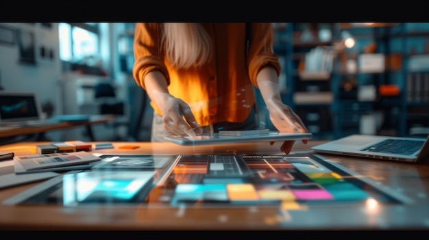 Photo a person is interacting with a futuristic holographic user interface spread over a desk with a tablet design palettes and a laptop in a modern workspace