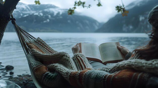 Photo a person is laying on a blanket with a book in their hand