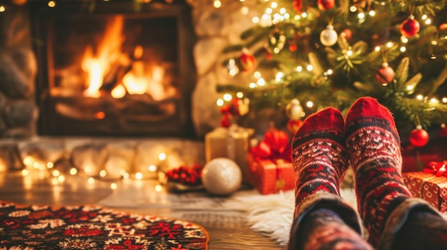 A person is laying in front of a fireplace with a red and black pair of socks on