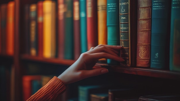 Photo a person is looking at a book on a shelf with books