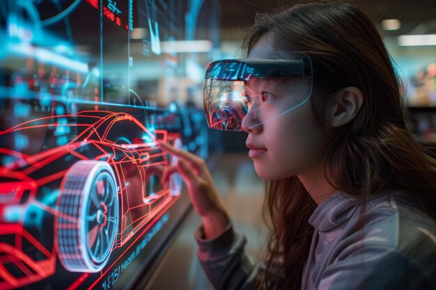 Photo a person is looking at a car with a vr headset on