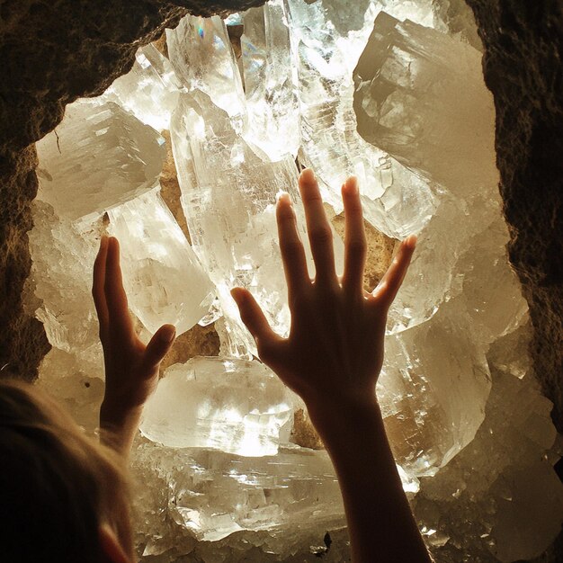 Photo a person is looking into a cave with the hand reaching for the clear piece of ice