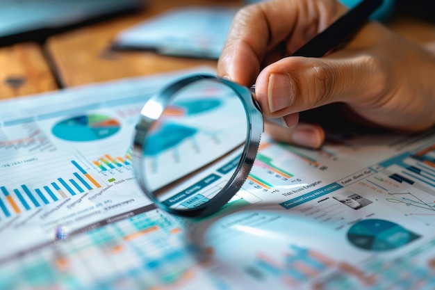 a person is looking at a magnifying glass that has a graph on it