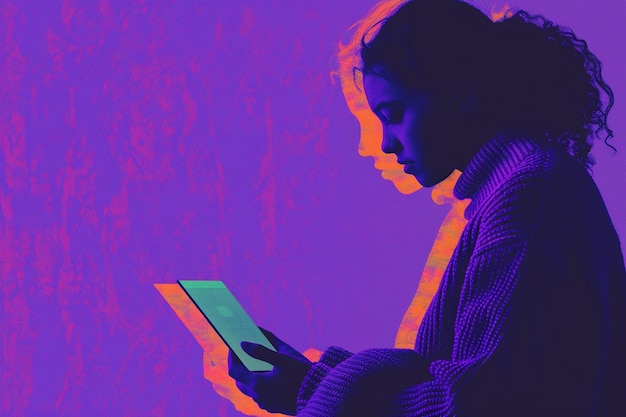 a person is looking at a phone with a purple background