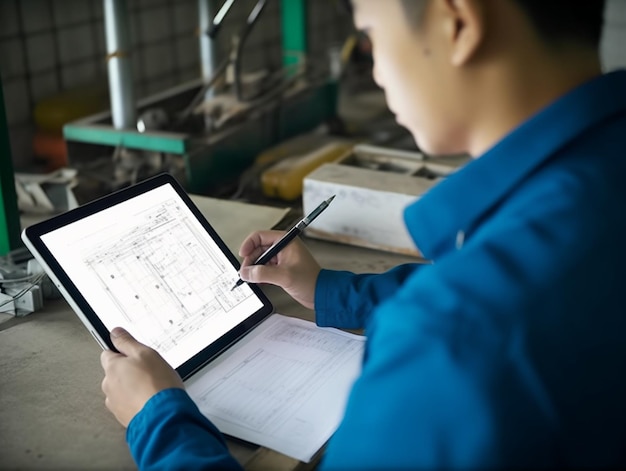 A person is looking at a tablet with a pen and a pen on it.