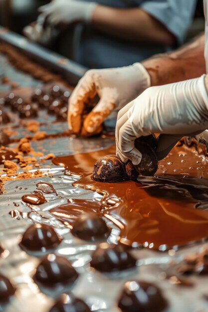 Photo person is making chocolate truffles and dipping them into chocolate