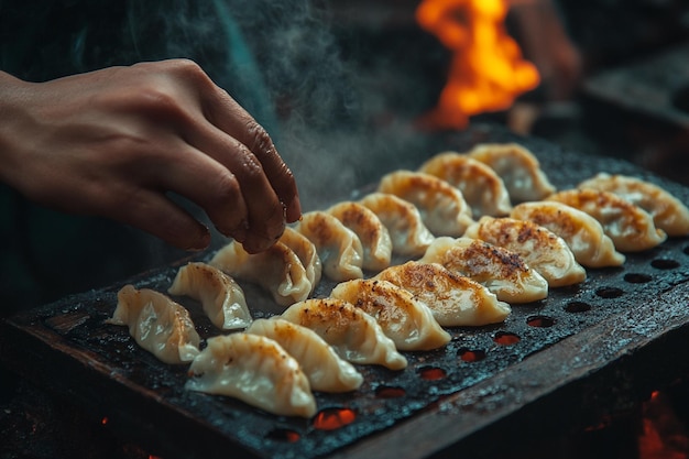 Photo a person is making dumplings with flour on a wooden table