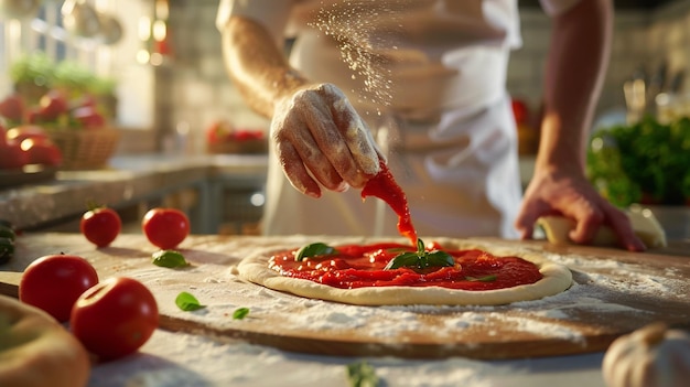 a person is making pizza with tomato sauce and cheese