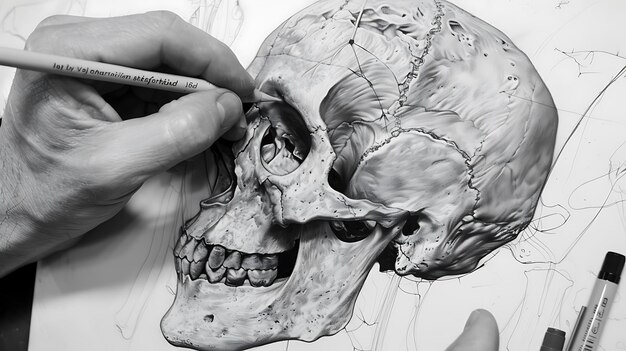 Photo a person is painting a skull with a pencil